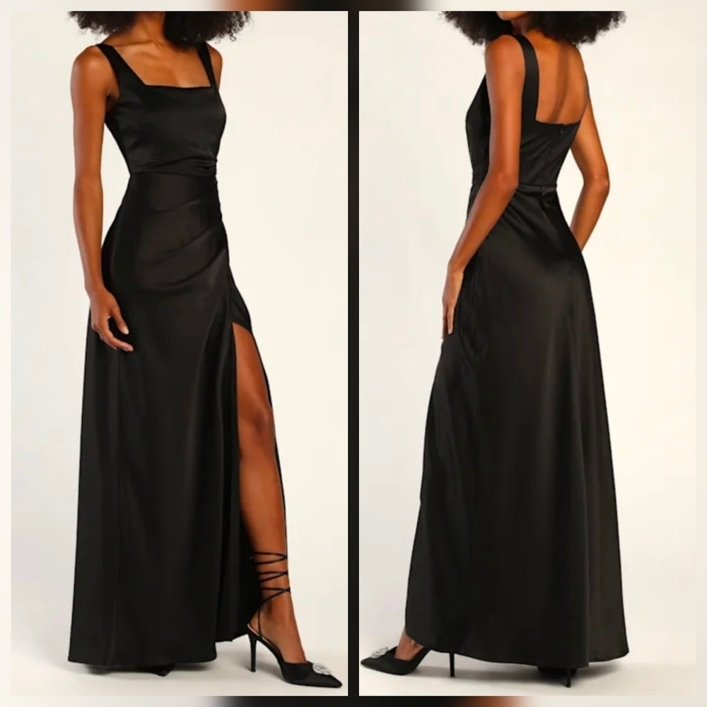 Lulus XL Red Carpet Romance Black Satin Square Neck Maxi Dress, Size XL